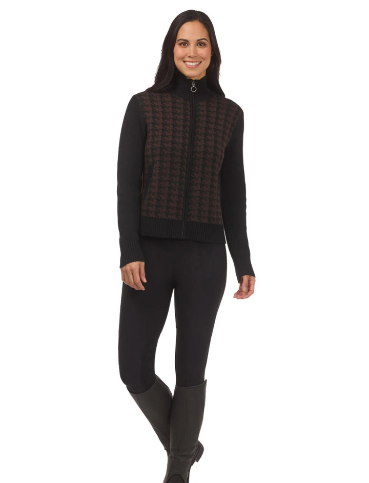 Houndstooth Full Zip Sweater - Black & Carob