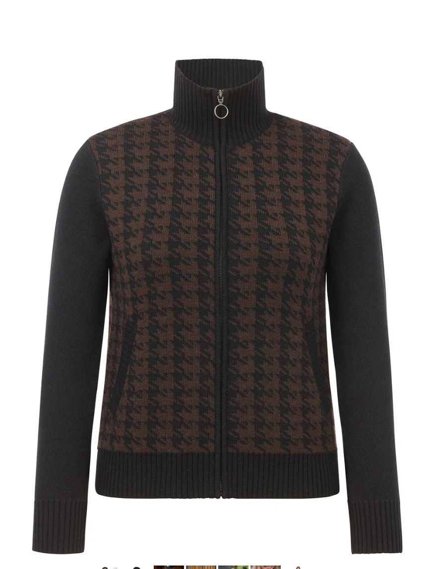 Houndstooth Full Zip Sweater - Black & Carob
