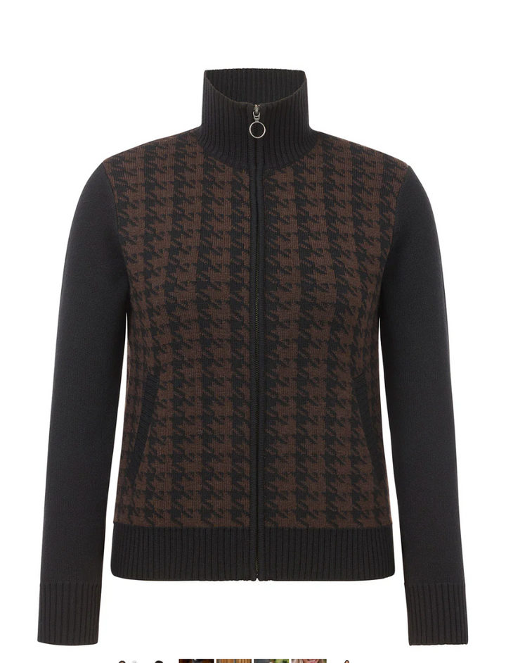 Houndstooth Full Zip Sweater - Black & Carob