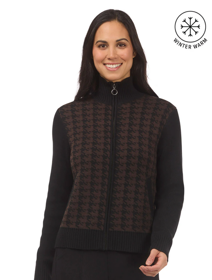 Houndstooth Full Zip Sweater - Black & Carob