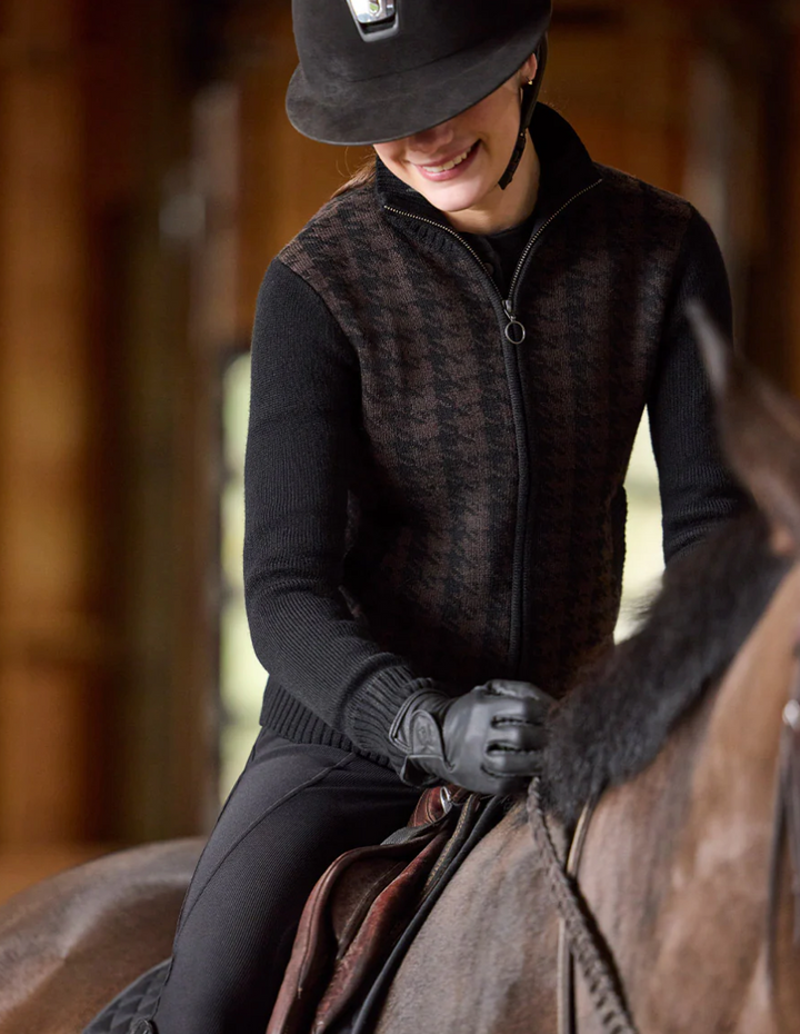 Houndstooth Full Zip Sweater - Black & Carob