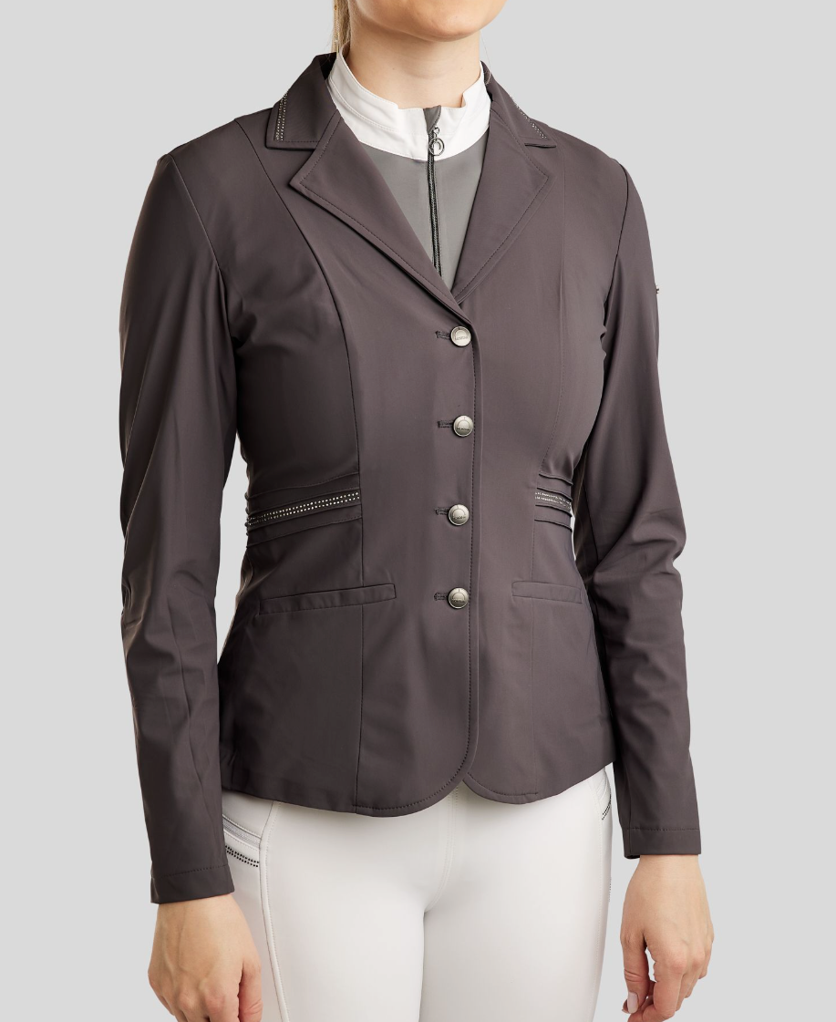 Montar MoPearl Show Coat with Pintucks + Gunmetal Crystals