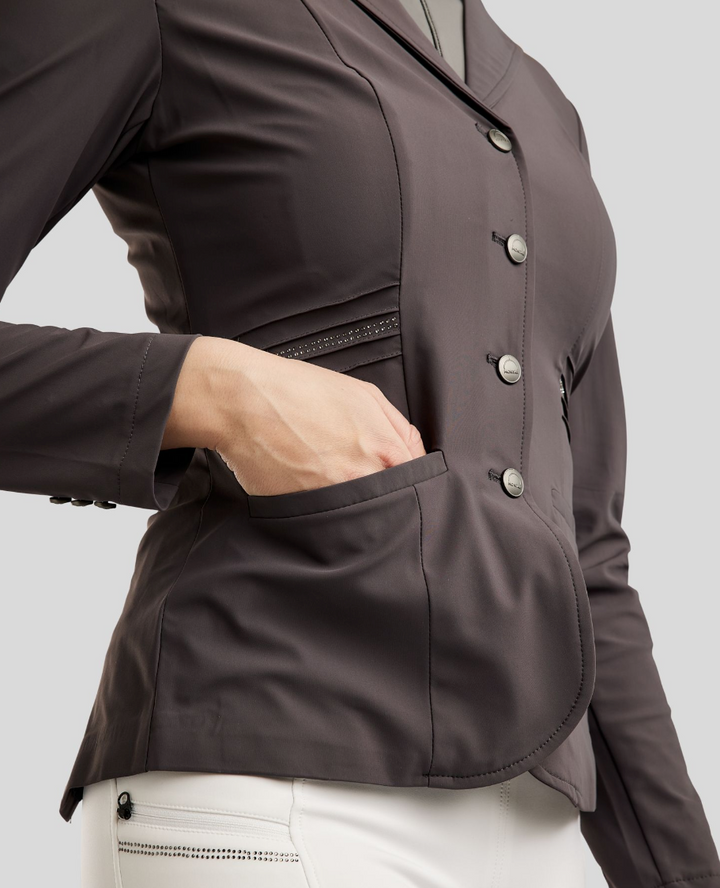 Montar MoPearl Show Coat with Pintucks + Gunmetal Crystals