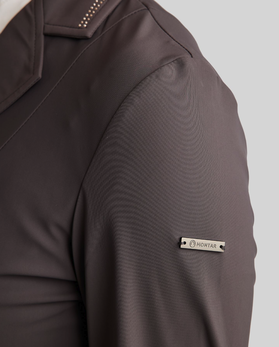 Montar MoPearl Show Coat with Pintucks + Gunmetal Crystals