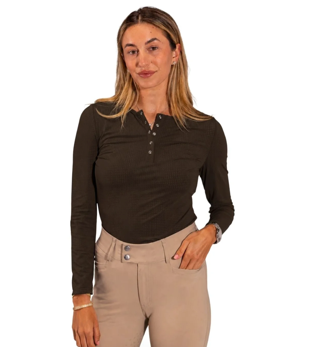 Equisite Maxine Perforated Snap Button Crew Long Sleeve