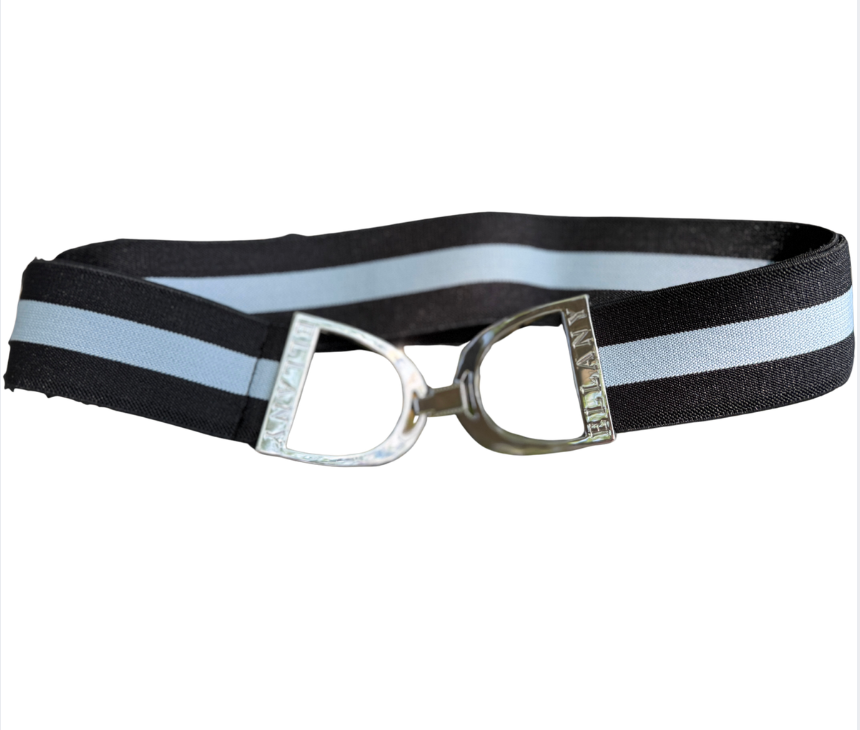 Ellany Belts -   1.5" Kenzie Black Blue Stripe Silver Stirrup