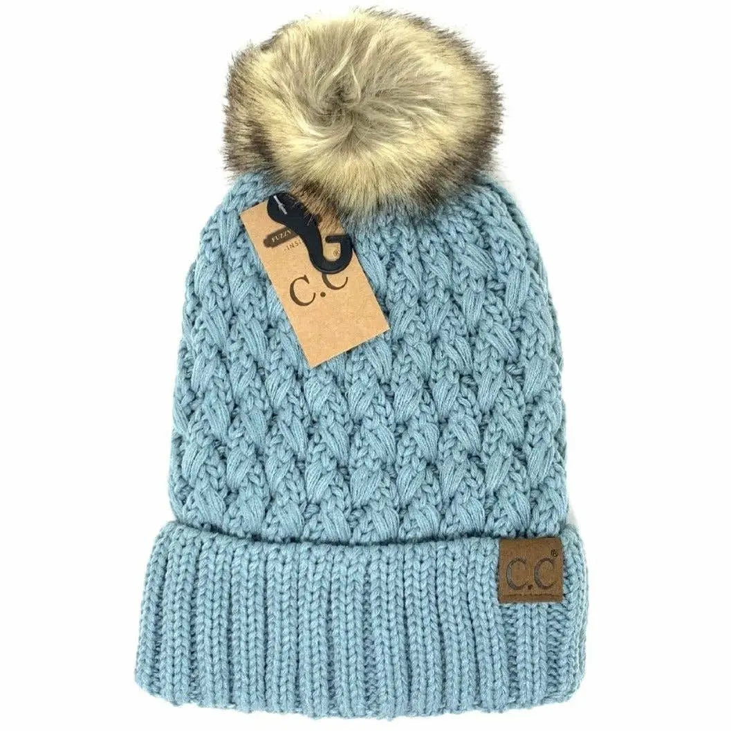 Solid Lattice Stitch Fur Pom CC Beanie YJ826 C.C Beanie
