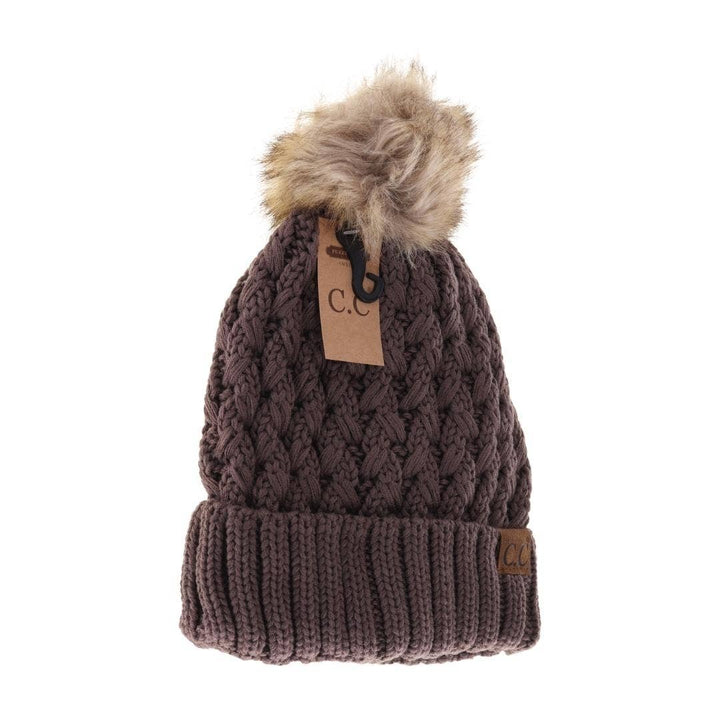 Solid Lattice Stitch Fur Pom CC Beanie YJ826