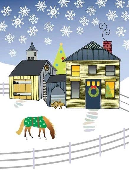 Horse Christmas  Single Card: New England House w/ Blanketed Horses