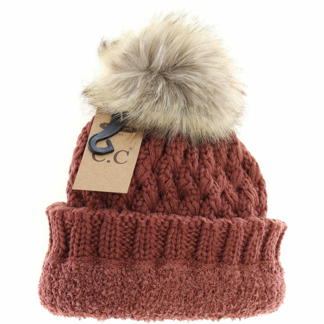 Solid Lattice Stitch Fur Pom CC Beanie YJ826