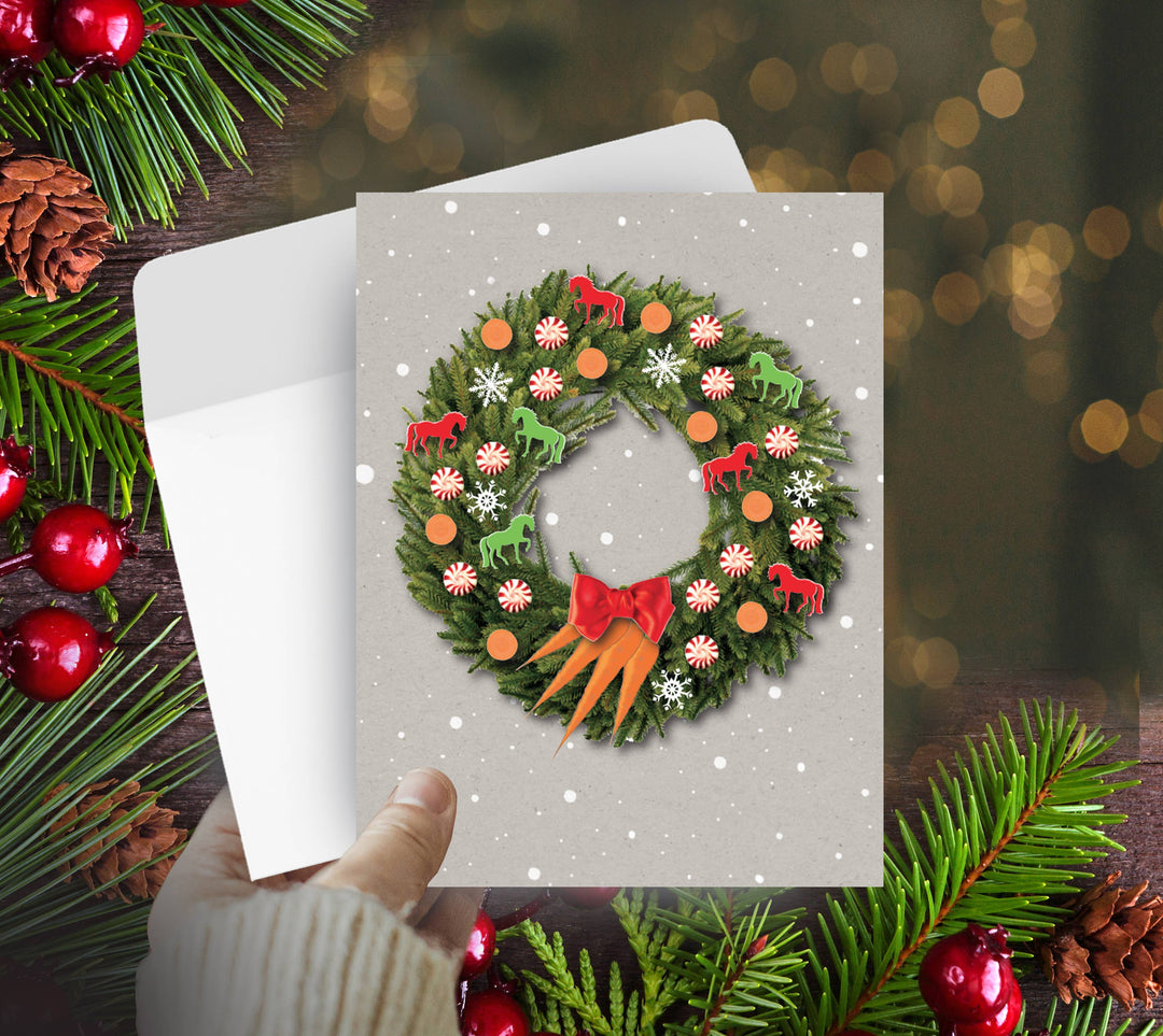 Horse Boxed Christmas Cards: Wreath w/ Peppermints, Carrots