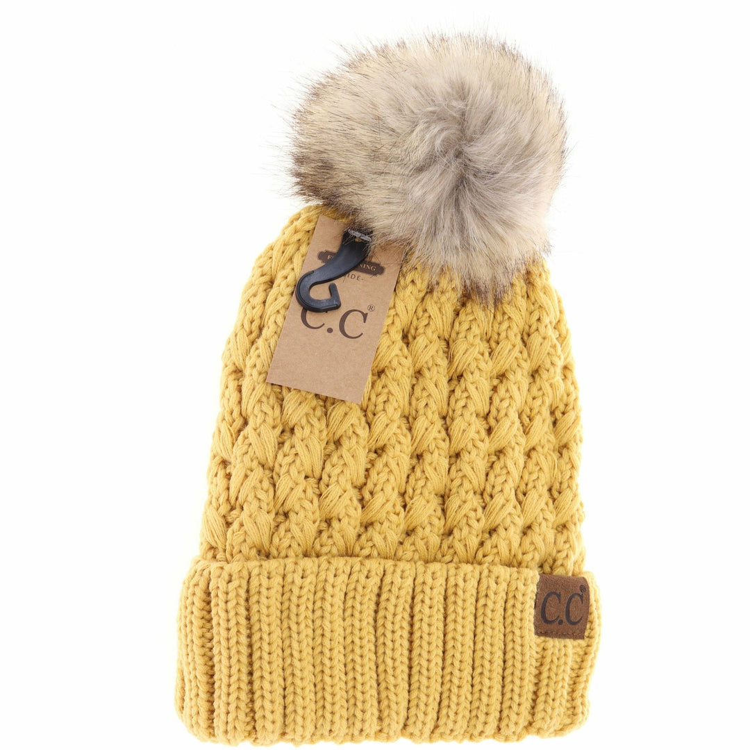 Solid Lattice Stitch Fur Pom CC Beanie YJ826