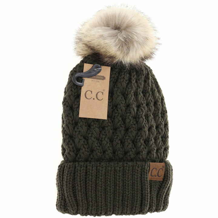 Solid Lattice Stitch Fur Pom CC Beanie YJ826