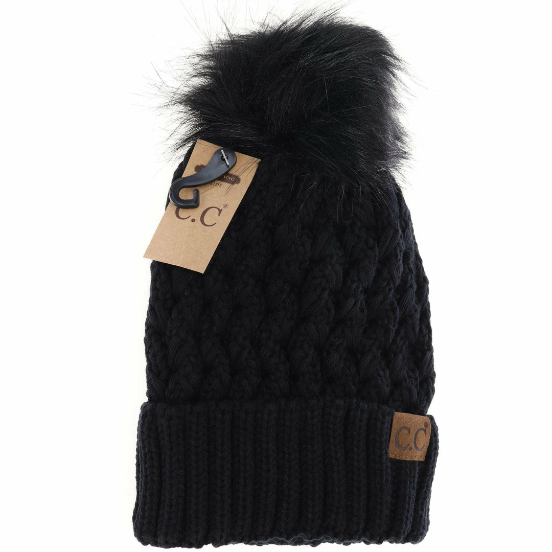 Solid Lattice Stitch Fur Pom CC Beanie YJ826